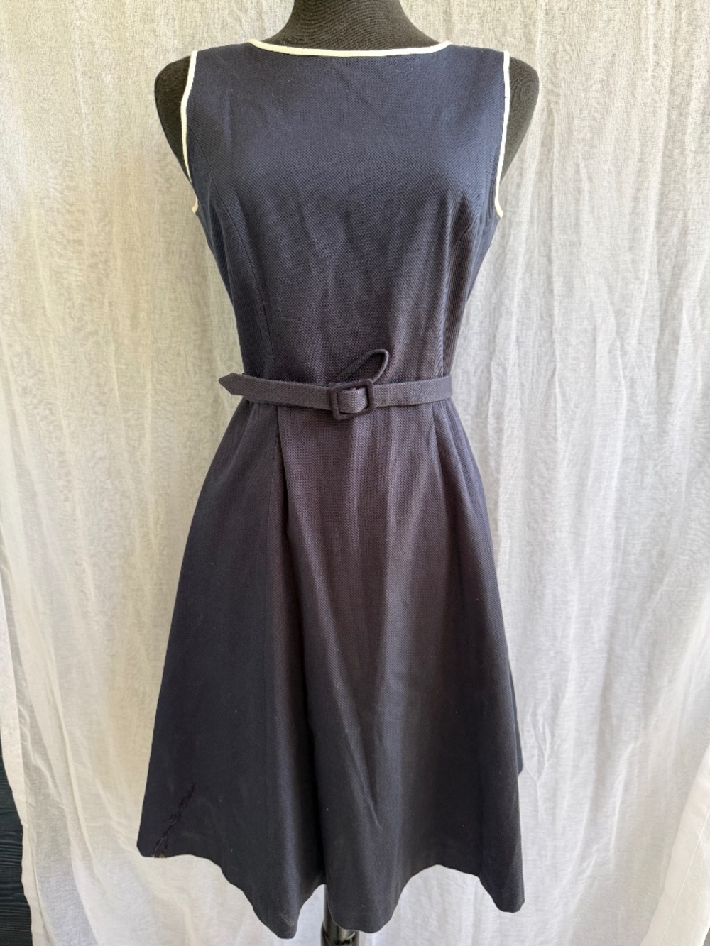 Due per Due Navy Blue Belted Dress | Size 6 | Waist Tie Elegant Midi Workwear Dr